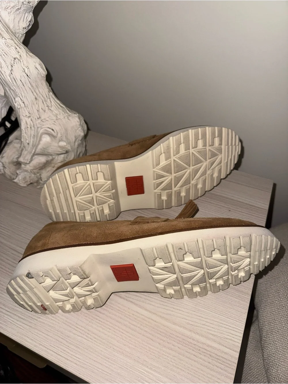 Cole Haan Tan Suede Tassel Loafers with White Lug Sole